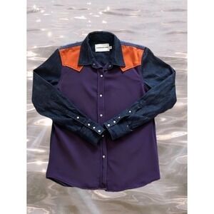 Calvin Klein Colorblock Denim Western Shirt Purple Orange Blue Button Up Women L
